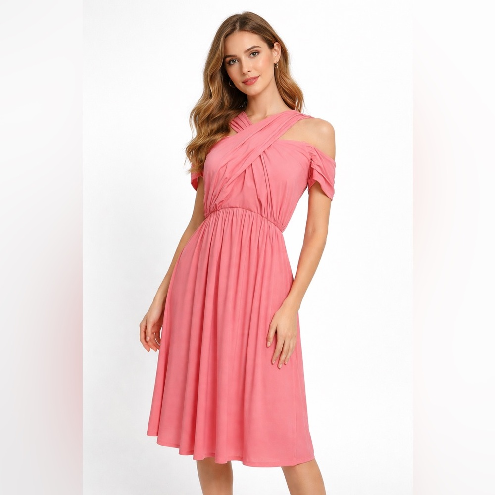 ASOS Coral Pink Cold Shoulder Wrap Midi Dress Ballerina Size 8‎
